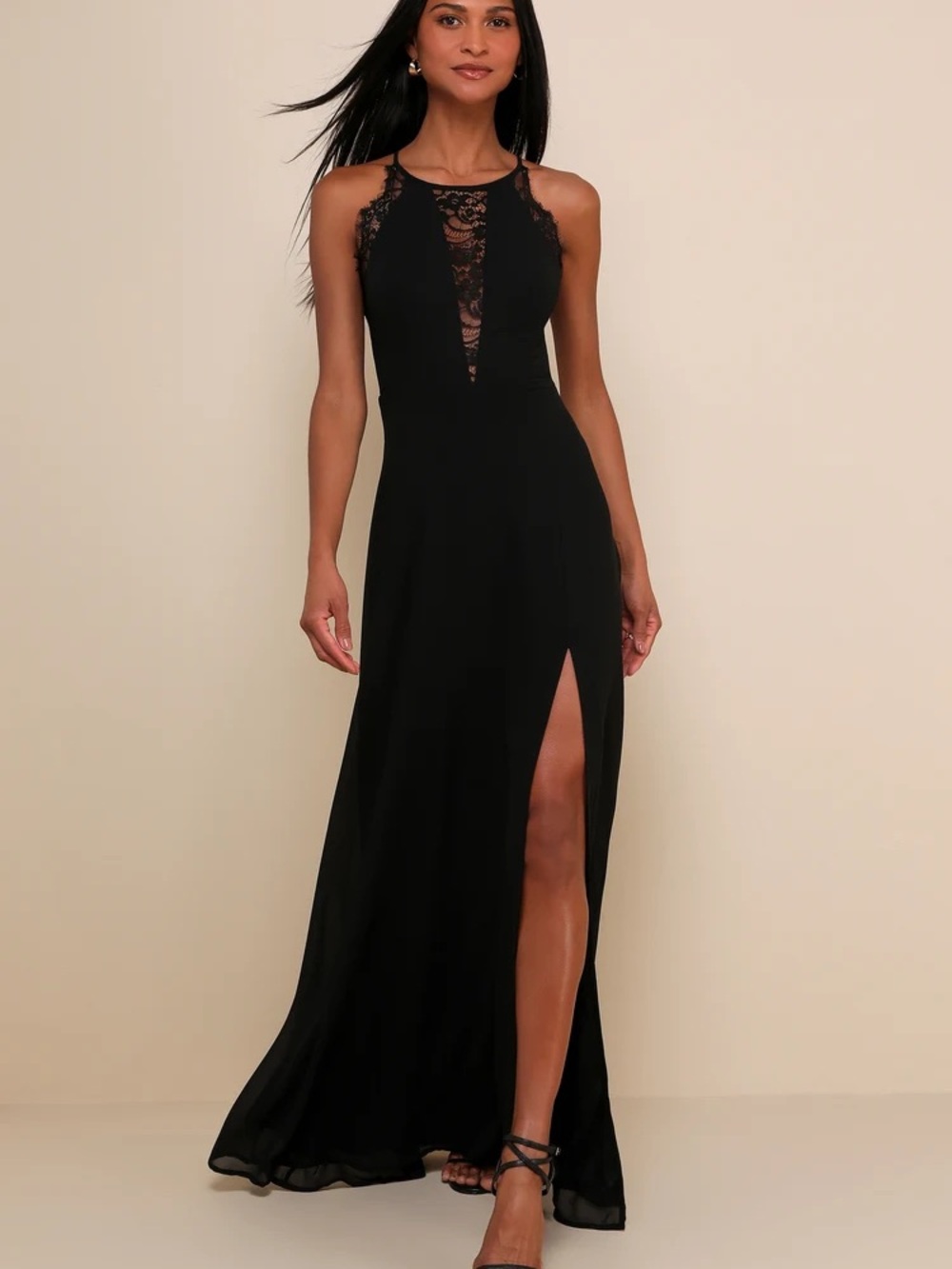 Lulu's romantic mood Black Lace Halter Maxi Dress